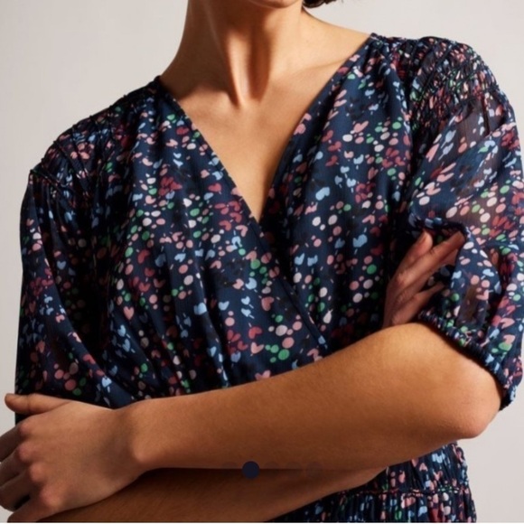 #43 NWT Ted Baker Casadee Smock Panel Wrap Mini Dress in Dark Navy - Picture 2 of 8